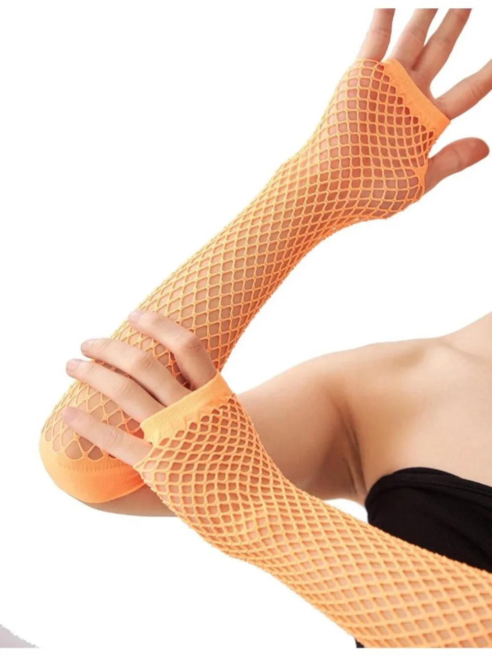 Women's Orange Fishnet Fingerless Gloves Gothic Punk Emo 80s Scene Arm Sleeves